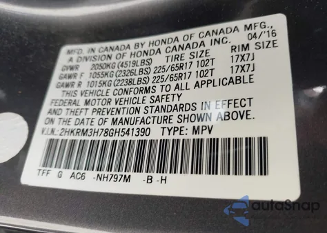 2016 Honda Cr-V Ex-L from USA, damaged, VIN 2HKRM3H78GH541390